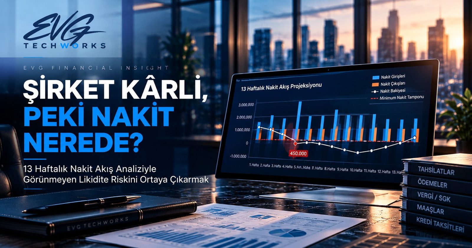 Gece ofis masasında 13 haftalık nakit akış projeksiyonu gösteren ekran; nakit bakiyesi beşinci haftada minimum tamponun altına iniyor.