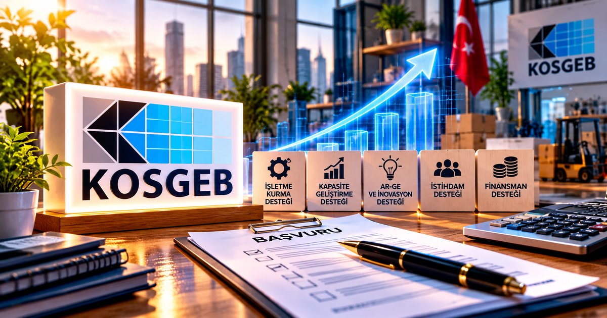 KOSGEB logosu, destek türlerini gösteren bloklar ve masada başvuru formu (temsili görsel).