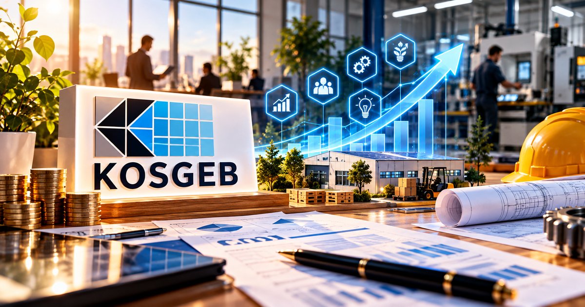 KOSGEB logosu, üretim tesisi maketi, büyüme grafiği ve masada proje belgeleri (temsili görsel).